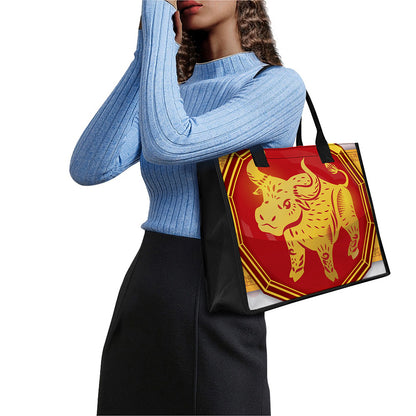 Chinese Ox Zodiac Symbol Print Canvas Tote Bag