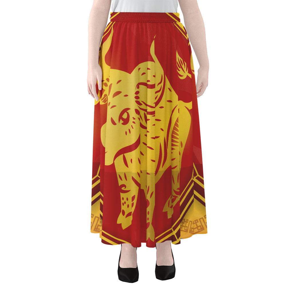 Chinese Ox Zodiac Symbol Print Chiffon Maxi Skirt