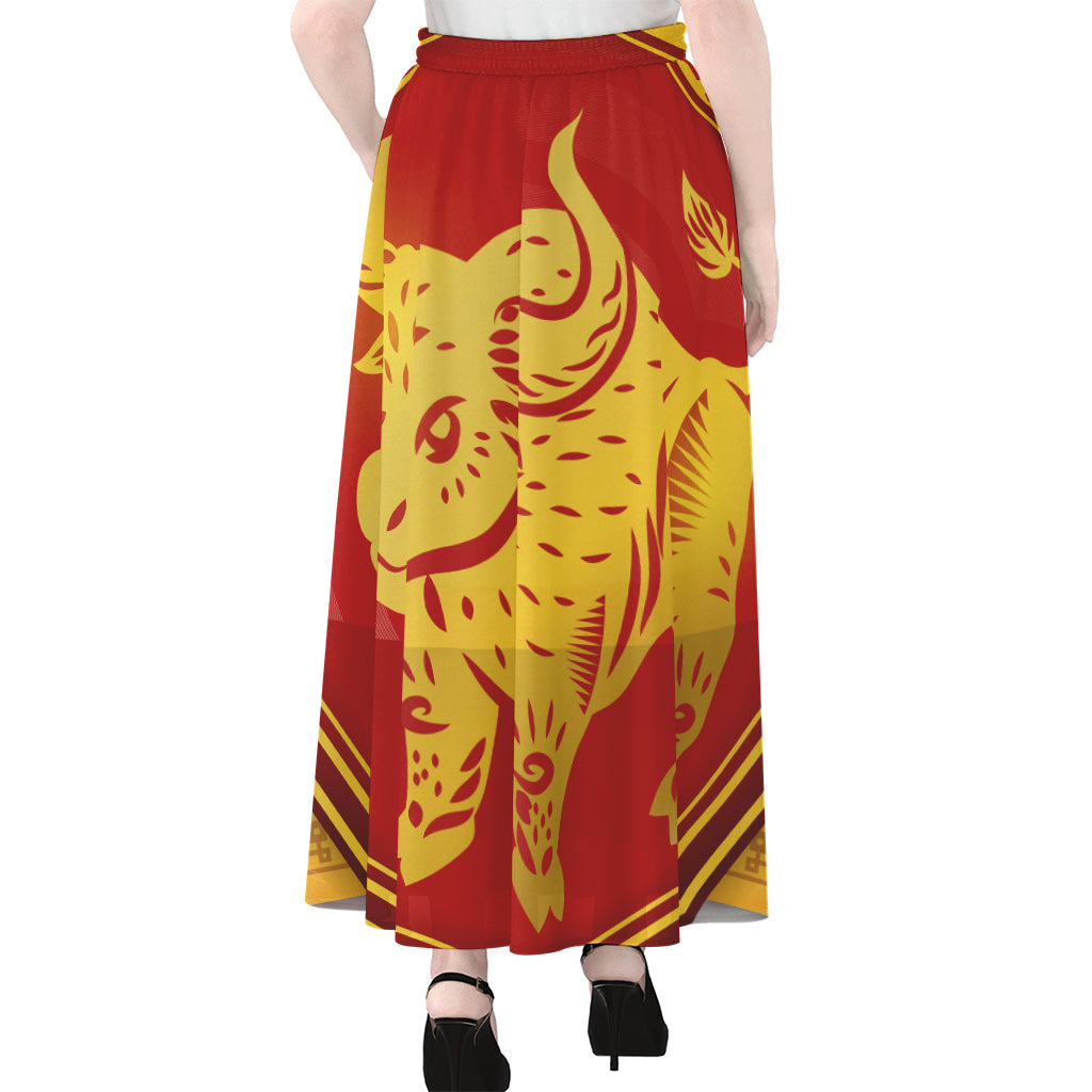 Chinese Ox Zodiac Symbol Print Chiffon Maxi Skirt