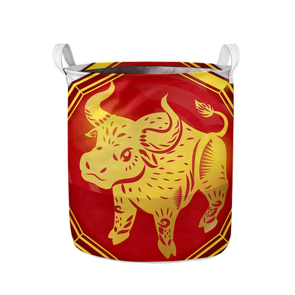Chinese Ox Zodiac Symbol Print Collapsible Laundry Basket