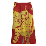 Chinese Ox Zodiac Symbol Print Cotton Front Slit Maxi Skirt