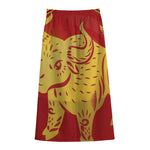 Chinese Ox Zodiac Symbol Print Cotton Front Slit Maxi Skirt