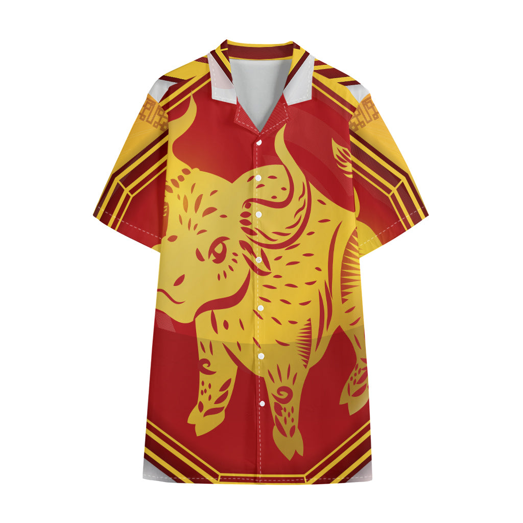Chinese Ox Zodiac Symbol Print Cotton Hawaiian Shirt