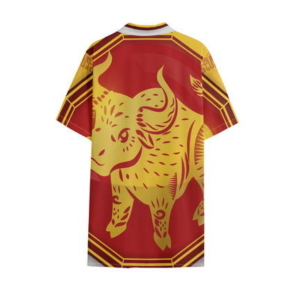 Chinese Ox Zodiac Symbol Print Cotton Hawaiian Shirt