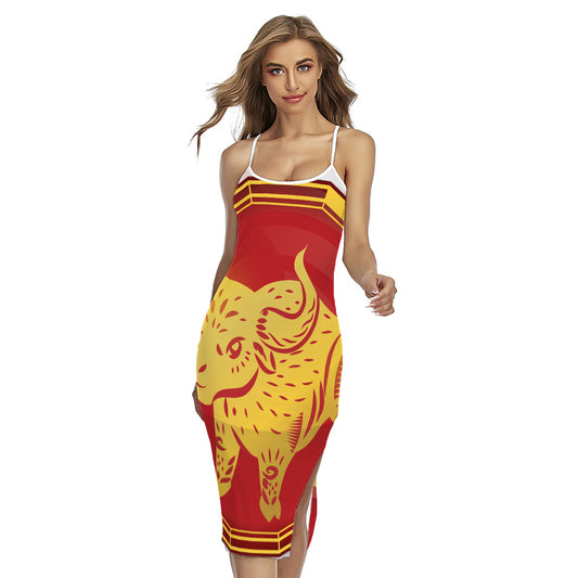 Chinese Ox Zodiac Symbol Print Cross Back Cami Dress