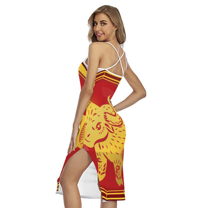 Chinese Ox Zodiac Symbol Print Cross Back Cami Dress