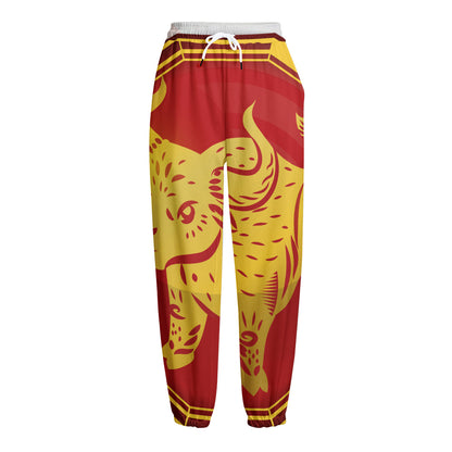 Chinese Ox Zodiac Symbol Print Fleece Lined Knit Pants