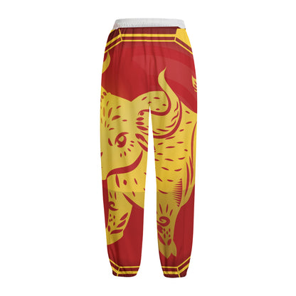 Chinese Ox Zodiac Symbol Print Fleece Lined Knit Pants