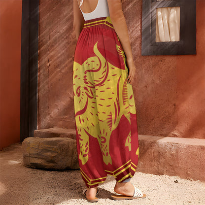 Chinese Ox Zodiac Symbol Print Harem Pants