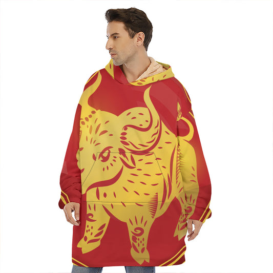 Chinese Ox Zodiac Symbol Print Hoodie Blanket