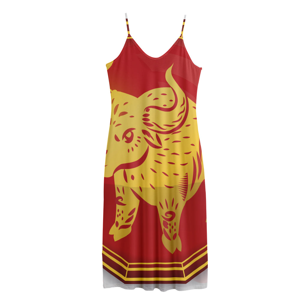 Chinese Ox Zodiac Symbol Print Jersey Midi Cami Dress