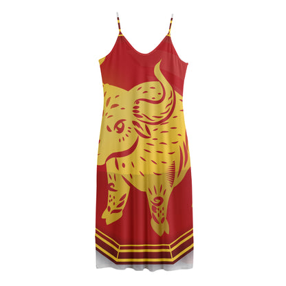 Chinese Ox Zodiac Symbol Print Jersey Midi Cami Dress