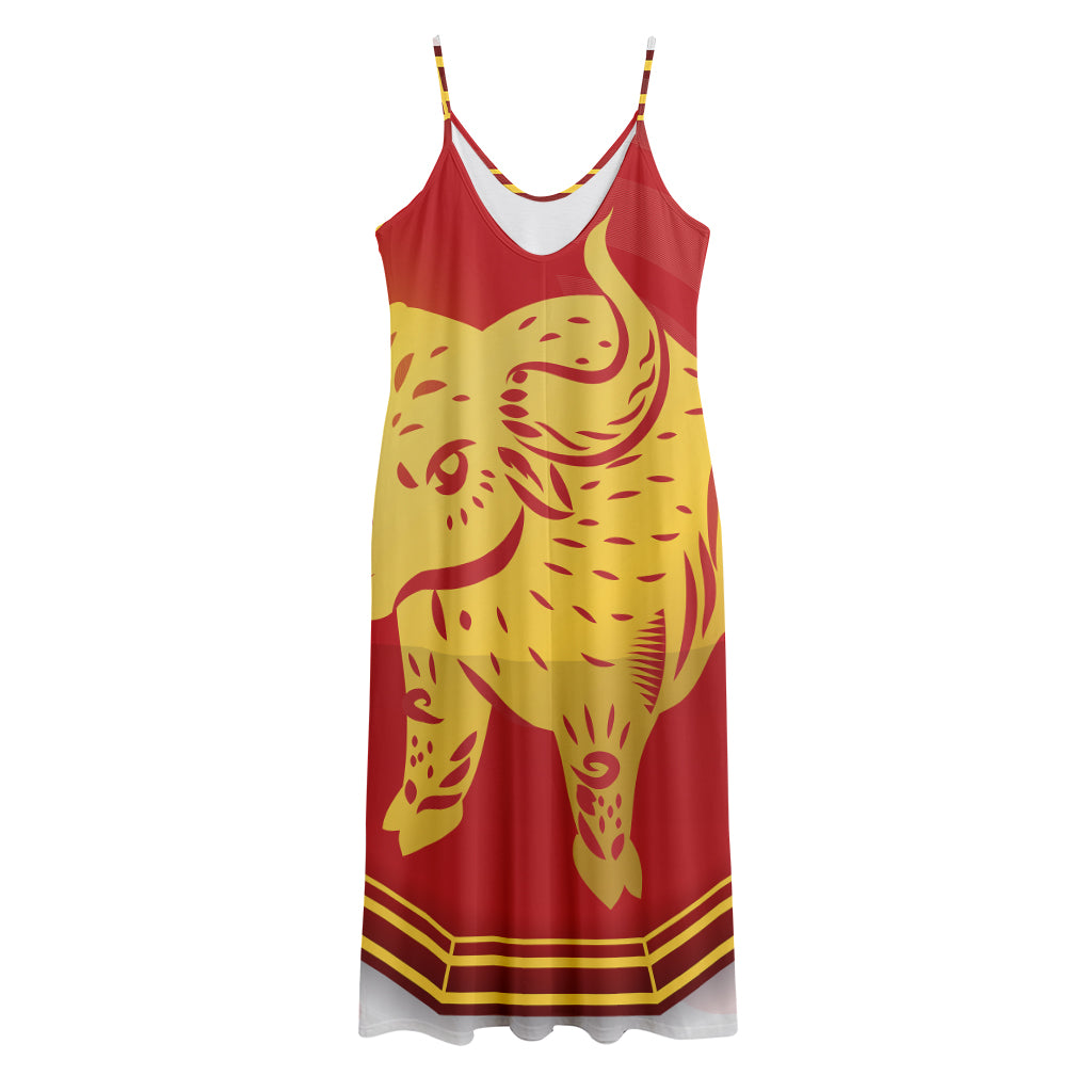 Chinese Ox Zodiac Symbol Print Jersey Midi Cami Dress