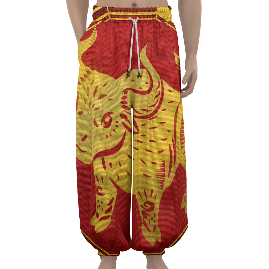 Chinese Ox Zodiac Symbol Print Lantern Pants