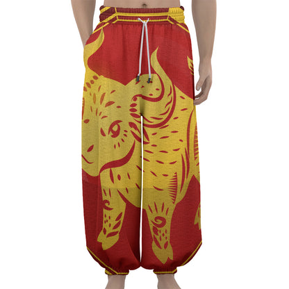 Chinese Ox Zodiac Symbol Print Lantern Pants