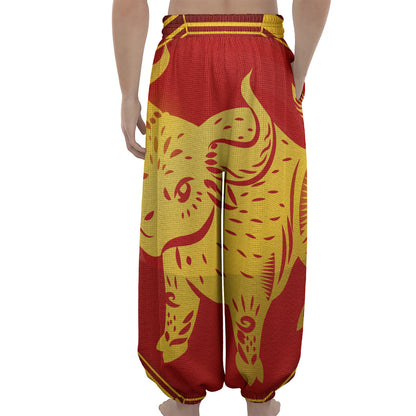 Chinese Ox Zodiac Symbol Print Lantern Pants