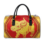 Chinese Ox Zodiac Symbol Print Leather Duffle Bag