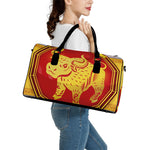 Chinese Ox Zodiac Symbol Print Leather Duffle Bag