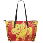 Chinese Ox Zodiac Symbol Print Leather Tote Bag