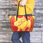 Chinese Ox Zodiac Symbol Print Leather Tote Bag