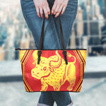 Chinese Ox Zodiac Symbol Print Leather Tote Bag
