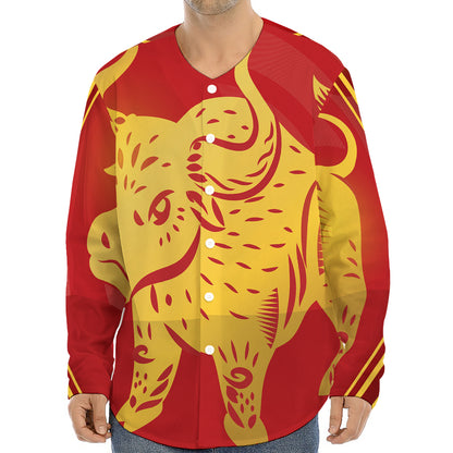 Chinese Ox Zodiac Symbol Print Long Sleeve Baseball Jersey