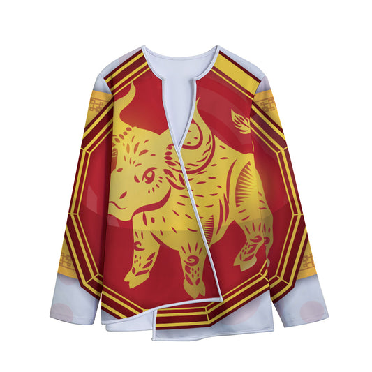 Chinese Ox Zodiac Symbol Print Long Sleeve Short Coat