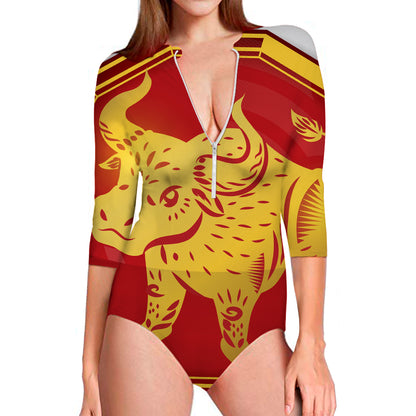 Chinese Ox Zodiac Symbol Print Long Sleeve Swimsuit