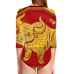 Chinese Ox Zodiac Symbol Print Long Sleeve Swimsuit