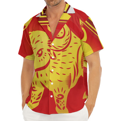 Chinese Ox Zodiac Symbol Print Men's Deep V-Neck Shirt