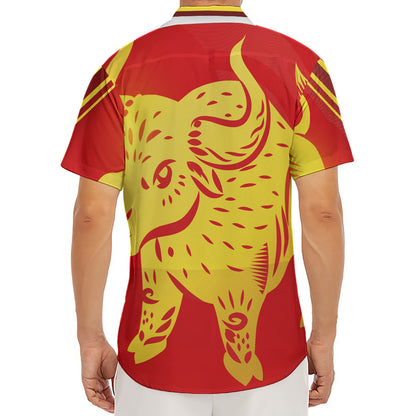 Chinese Ox Zodiac Symbol Print Men's Deep V-Neck Shirt