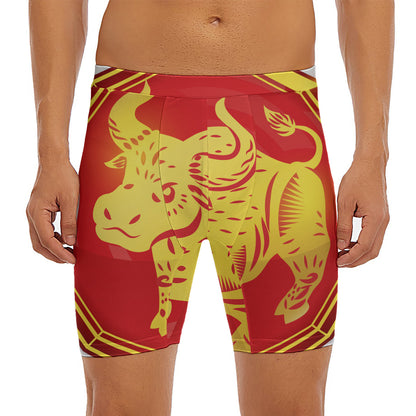Chinese Ox Zodiac Symbol Print Men's Long Boxer Briefs
