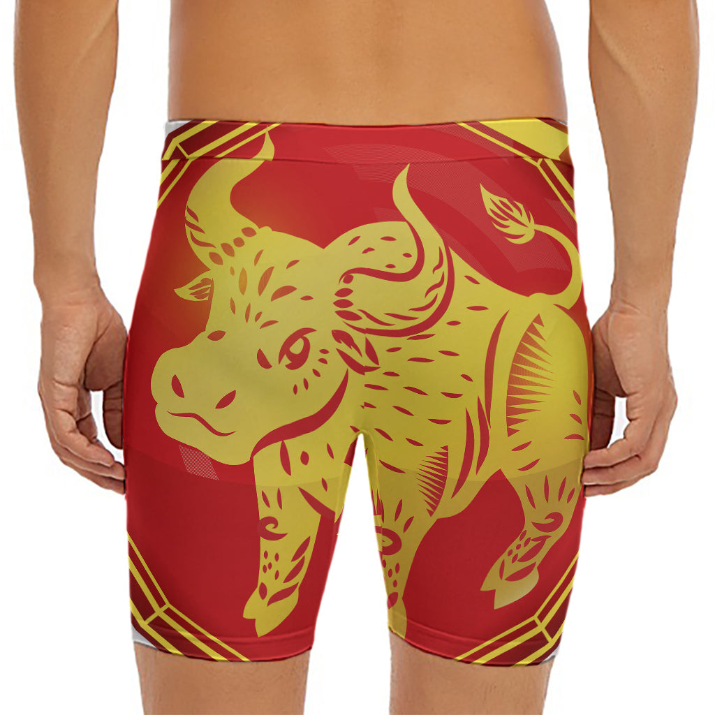 Chinese Ox Zodiac Symbol Print Men's Long Boxer Briefs