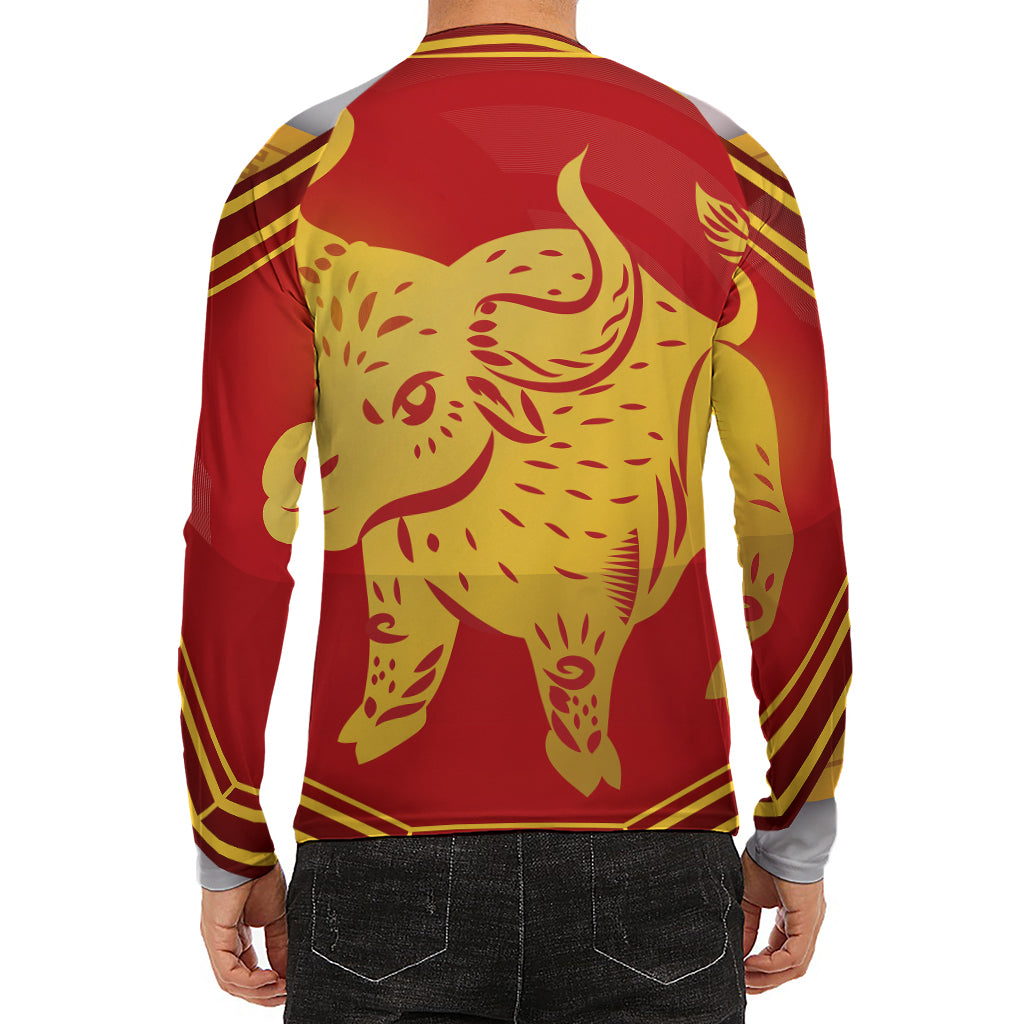 Chinese Ox Zodiac Symbol Print Men's Long Sleeve Rash Guard