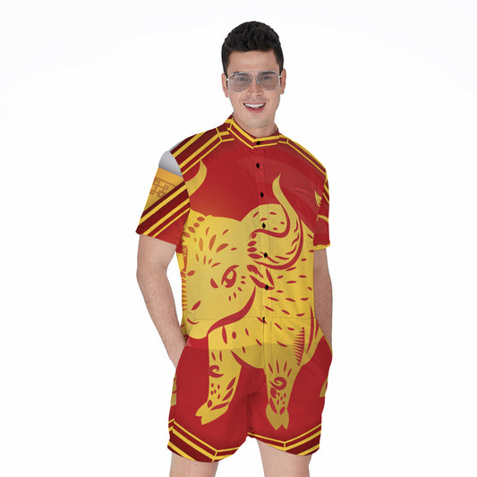 Chinese Ox Zodiac Symbol Print Men's Rompers