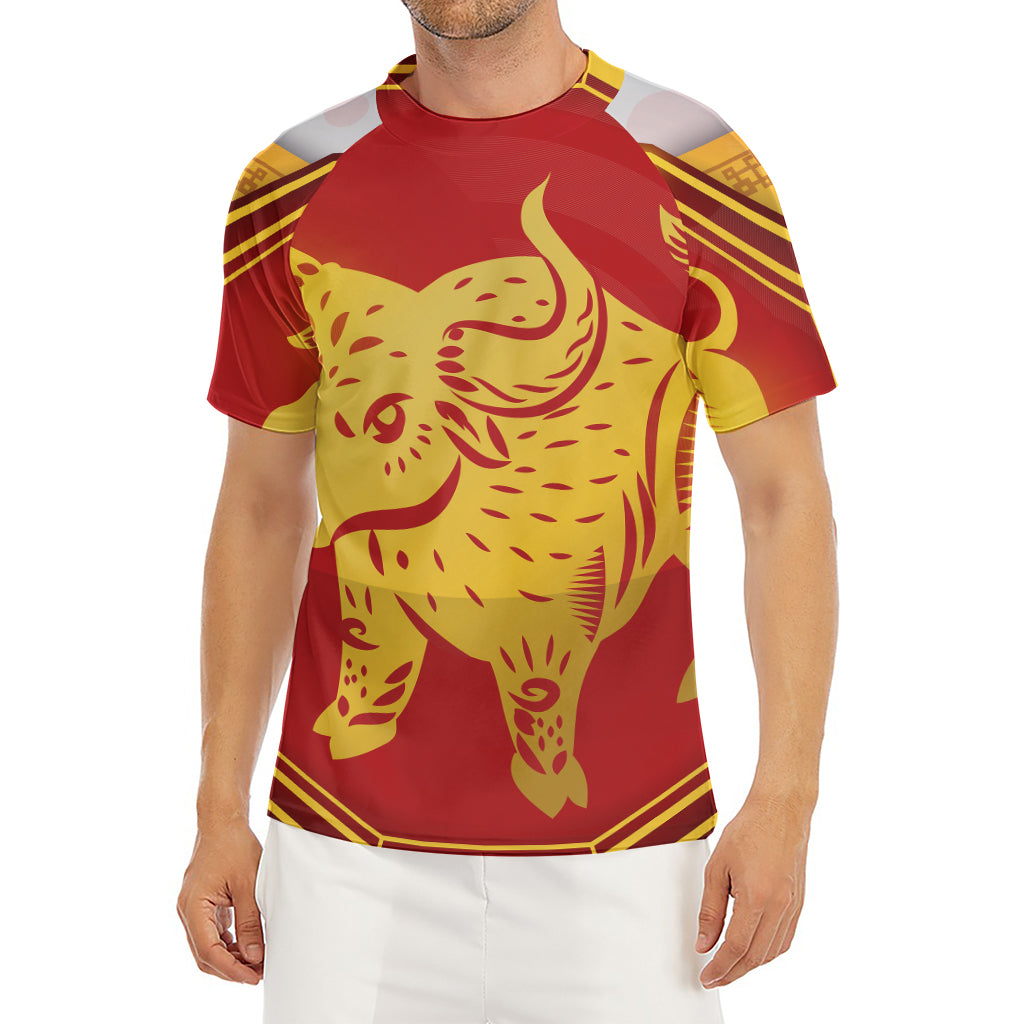 Chinese Ox Zodiac Symbol Print Men's Short Sleeve Rash Guard
