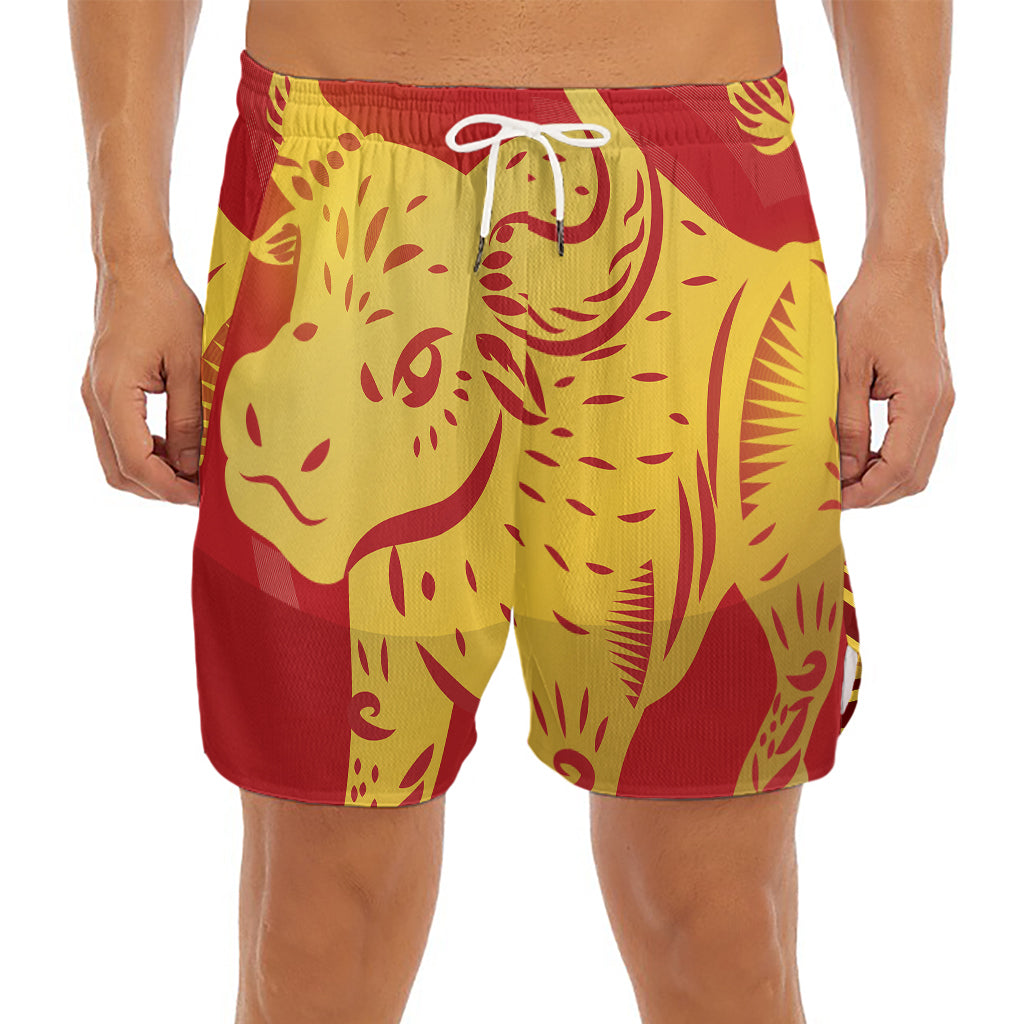 Chinese Ox Zodiac Symbol Print Men's Split Running Shorts