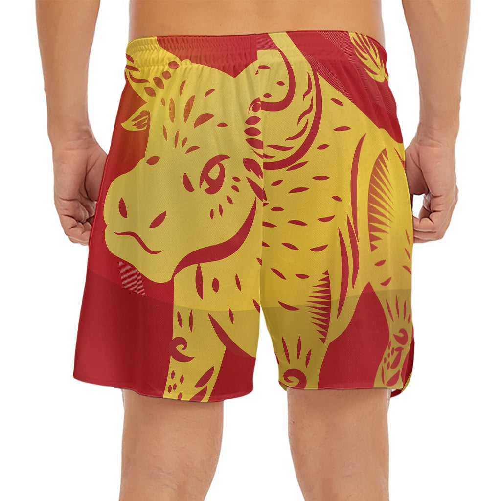 Chinese Ox Zodiac Symbol Print Men's Split Running Shorts