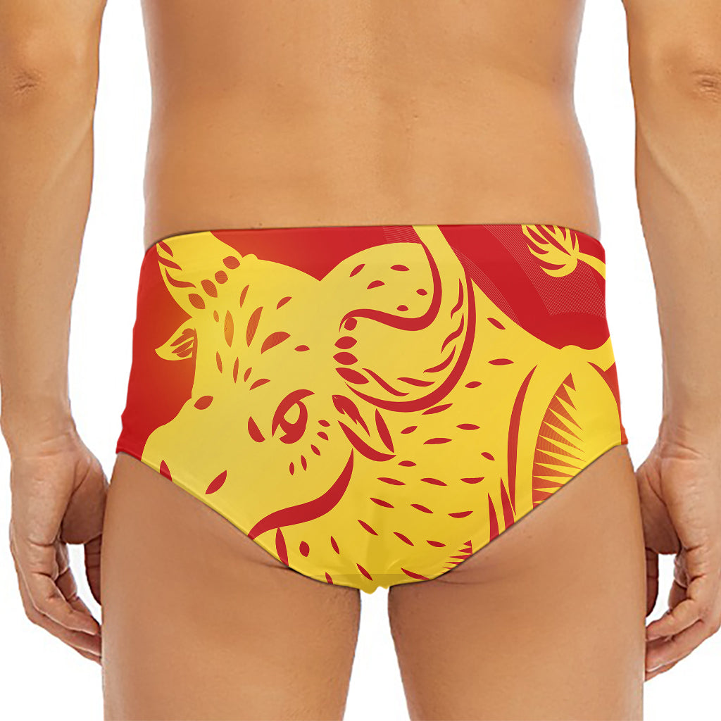 Chinese Ox Zodiac Symbol Print Men's Triangle Swim Briefs