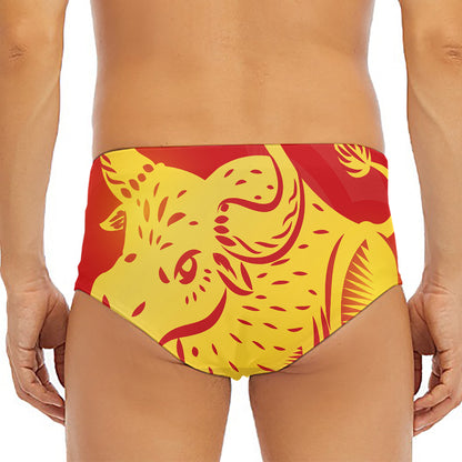 Chinese Ox Zodiac Symbol Print Men's Triangle Swim Briefs