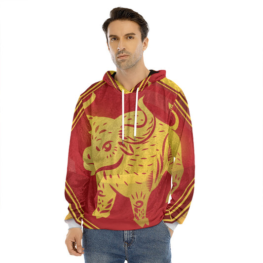 Chinese Ox Zodiac Symbol Print Men's Velvet Pullover Hoodie