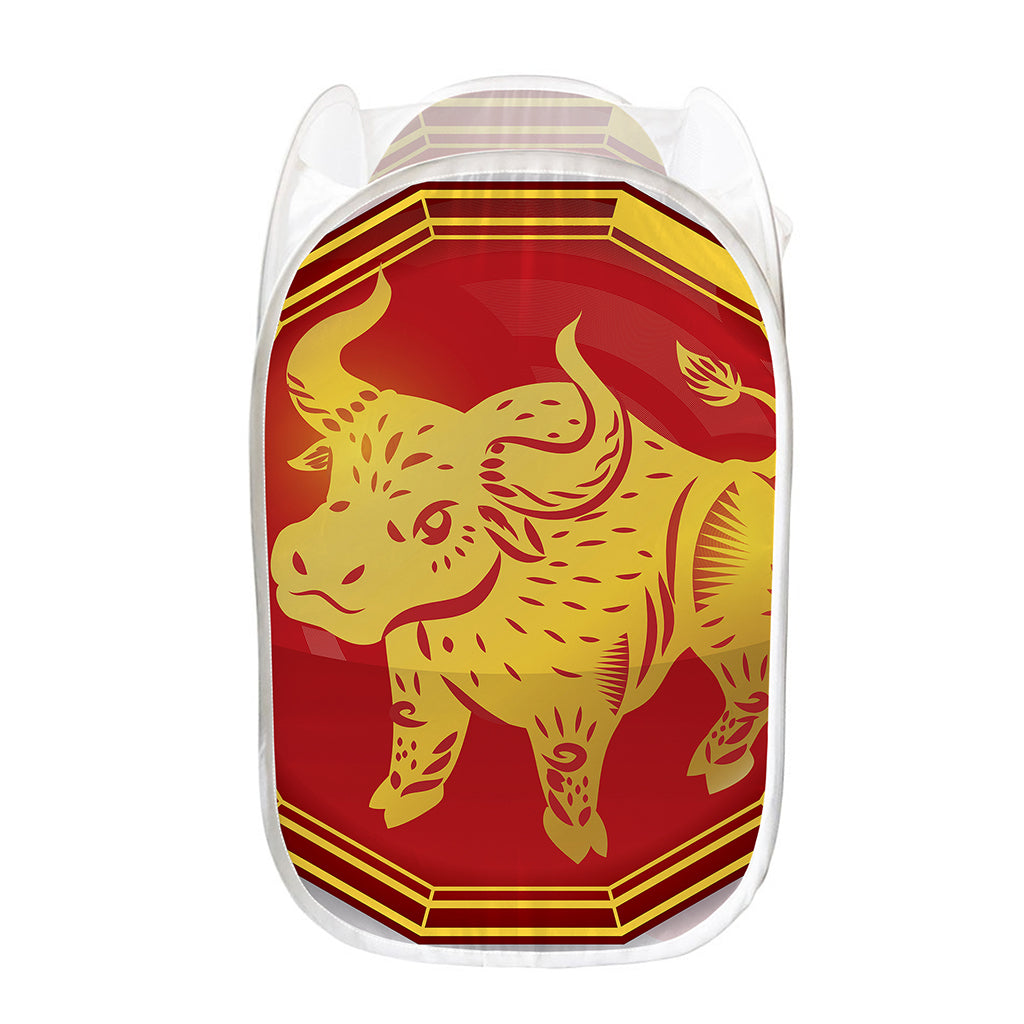 Chinese Ox Zodiac Symbol Print Mesh Laundry Hamper
