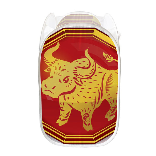 Chinese Ox Zodiac Symbol Print Mesh Laundry Hamper