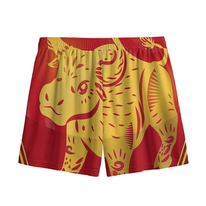 Chinese Ox Zodiac Symbol Print Mesh Shorts