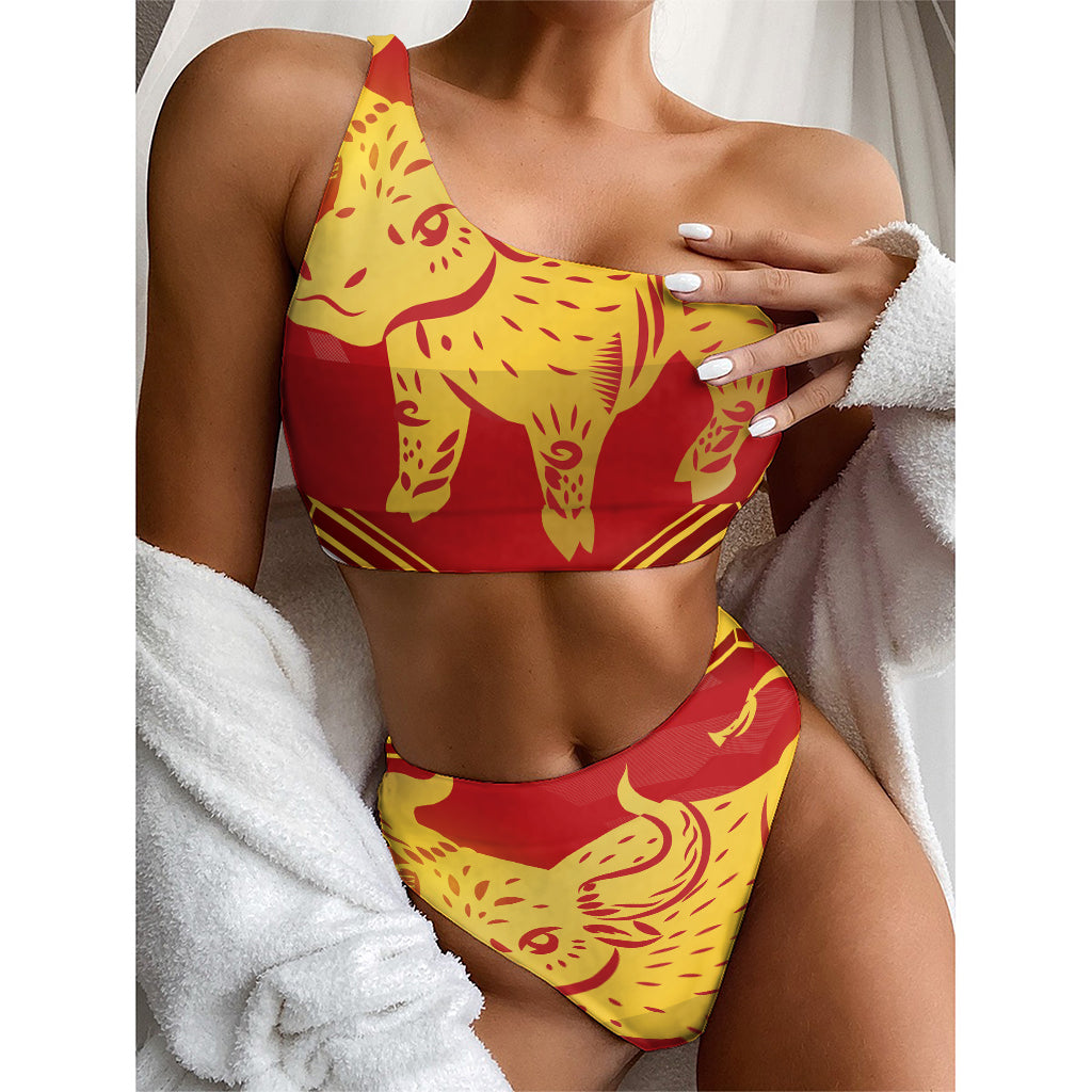 Chinese Ox Zodiac Symbol Print One Shoulder Bikini Top