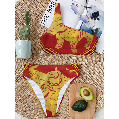 Chinese Ox Zodiac Symbol Print One Shoulder Bikini Top