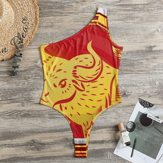 Chinese Ox Zodiac Symbol Print One Shoulder Bodysuit