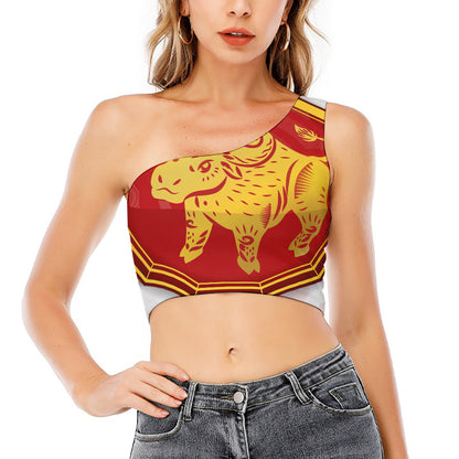 Chinese Ox Zodiac Symbol Print One Shoulder Crop Top
