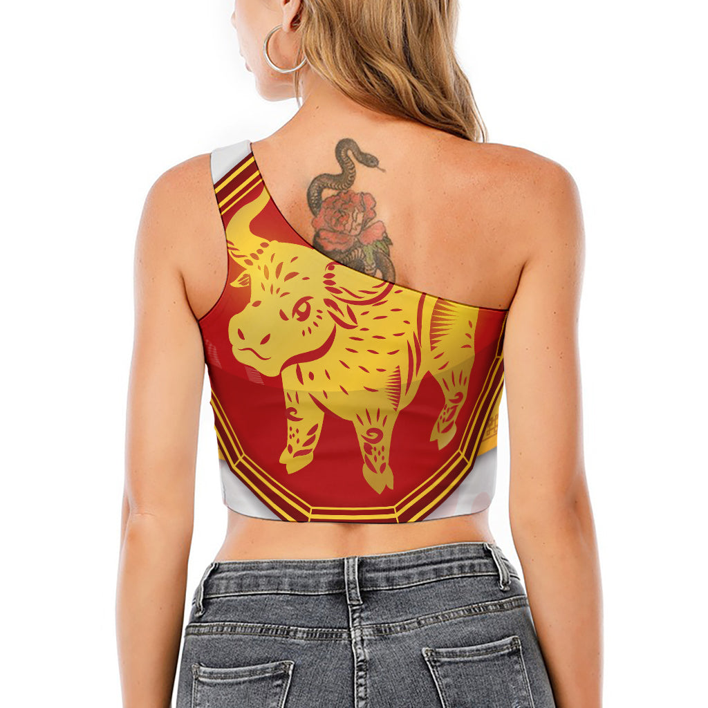Chinese Ox Zodiac Symbol Print One Shoulder Crop Top