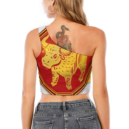 Chinese Ox Zodiac Symbol Print One Shoulder Crop Top